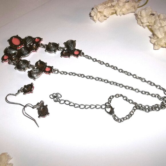 Peach Rhinestone Necklace Earring Set Fancy Glamorous Fashion Jewelry Lot C732 - Picture 3 of 5